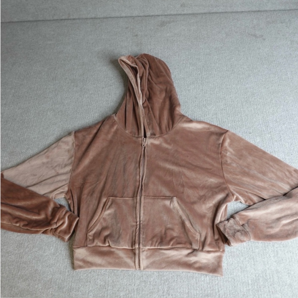 Skims Velour Cropped Hooded Jacket Size M in Tan